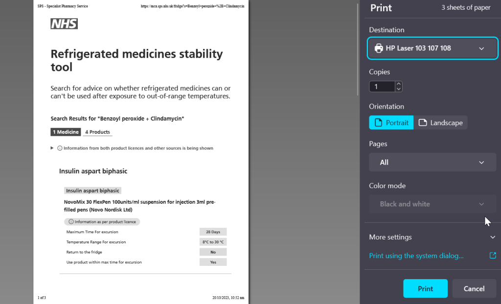 print the list of medications need refrigeration